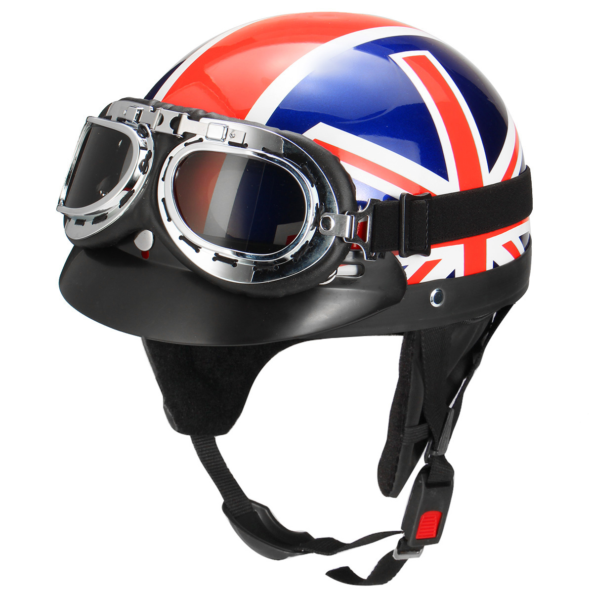 Retro UK Flag Motorcycle Half Face Helmet Biker Scooter With Sun Visor UV Goggles Cafe Racer