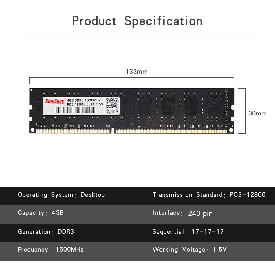 KingSpec DDR3 4GB 8GB 1600Mhz Desktop Computer Memory NON-ECC Ram 8