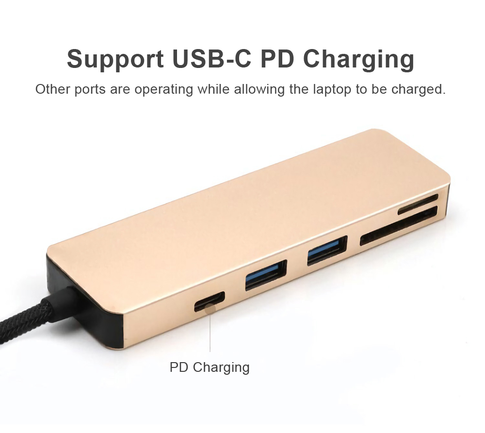 5-in-1 Type-C to 2-Port USB 3.0 Type-C PD Charge Hub SD TF Card Reader Support OTG Function 9
