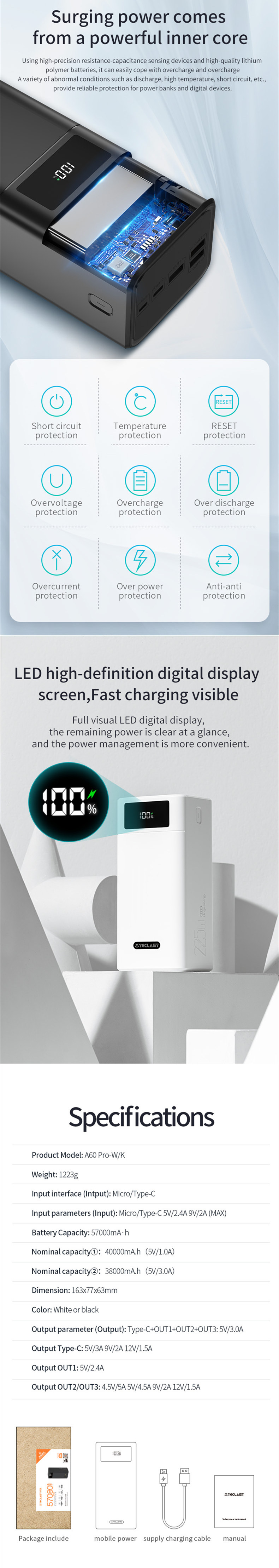 Teclast A60 Pro 22.5W 57000mAh Power Bank PD QC3.0 SCP FCP AFC Fast Charging 2 Input & 4 Output LED Display External Power Supply for iPhone 12 Pro Max for Samsung Galaxy Note S20 Ultra Huawei Mate 40 OnePlus 8 Pro