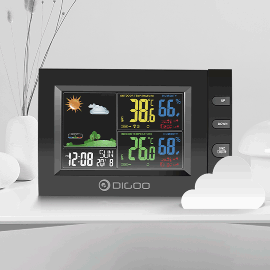 

DIGOO DG-TH8530 Color Screen Weather Station USB Charge Output Port Temperature Alarm Dual Clock with Snooze Function Outdoor Indoor Home Thermometer Hygrometer Sensor