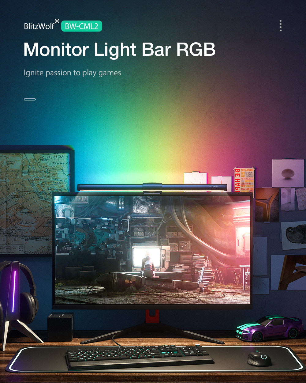 BlitzWolf® BW-CML2 RGB Gaming Monitor Light Bar Dual Light Source 300-1000Lux Adjustable Cool/Mix/Warm Light Color Temperature Eye Protection Anti-Glare USB e-Reading Light Touch Control for Home Office PC Computer