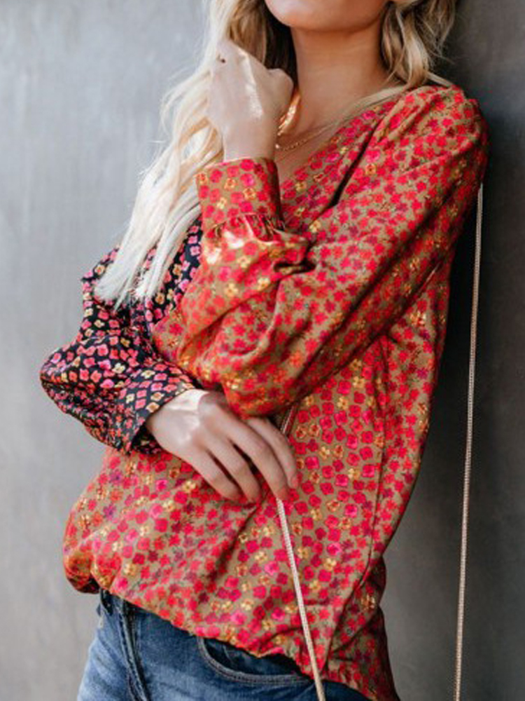 Women Casual V Neck Long Sleeve Floral Printed Blouse