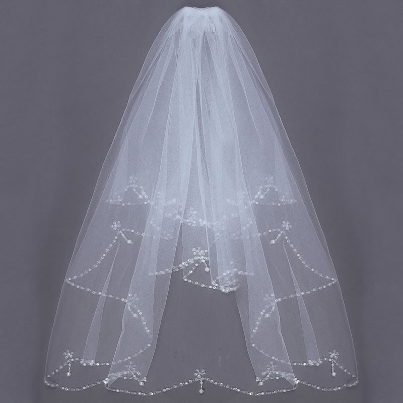 

2 Layers Bride Elbow Beaded Edge Pearl White Ivory Bridal Wedding Veil with Comb