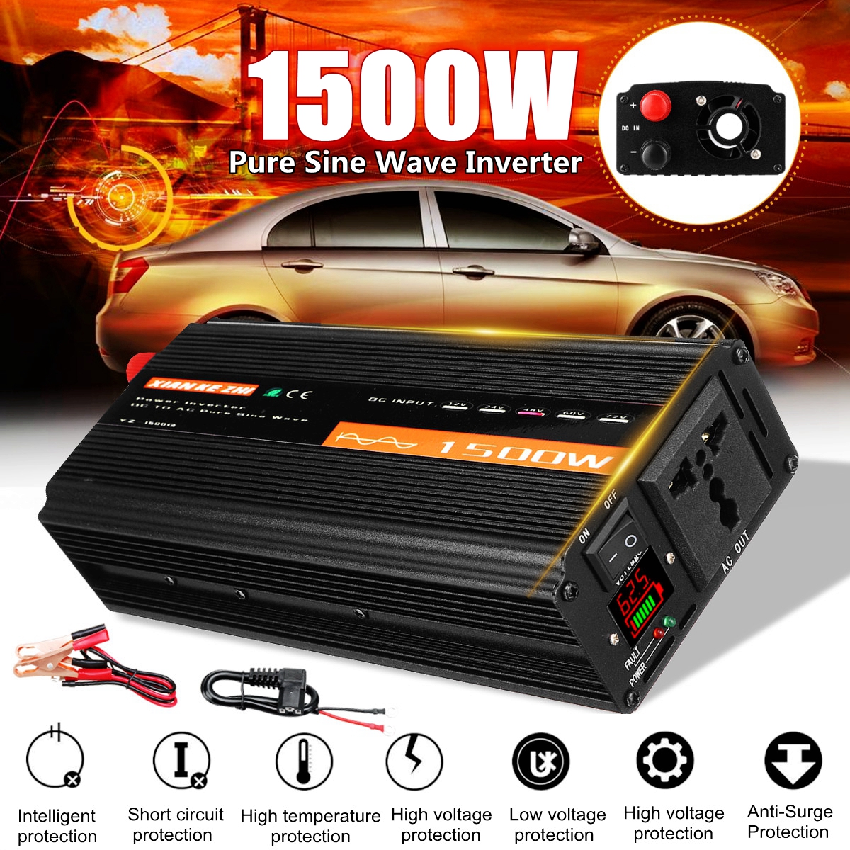 Display 1500W Intelligent Inverter 12V/24V/48V Pure Sine Wave Power Inverter
