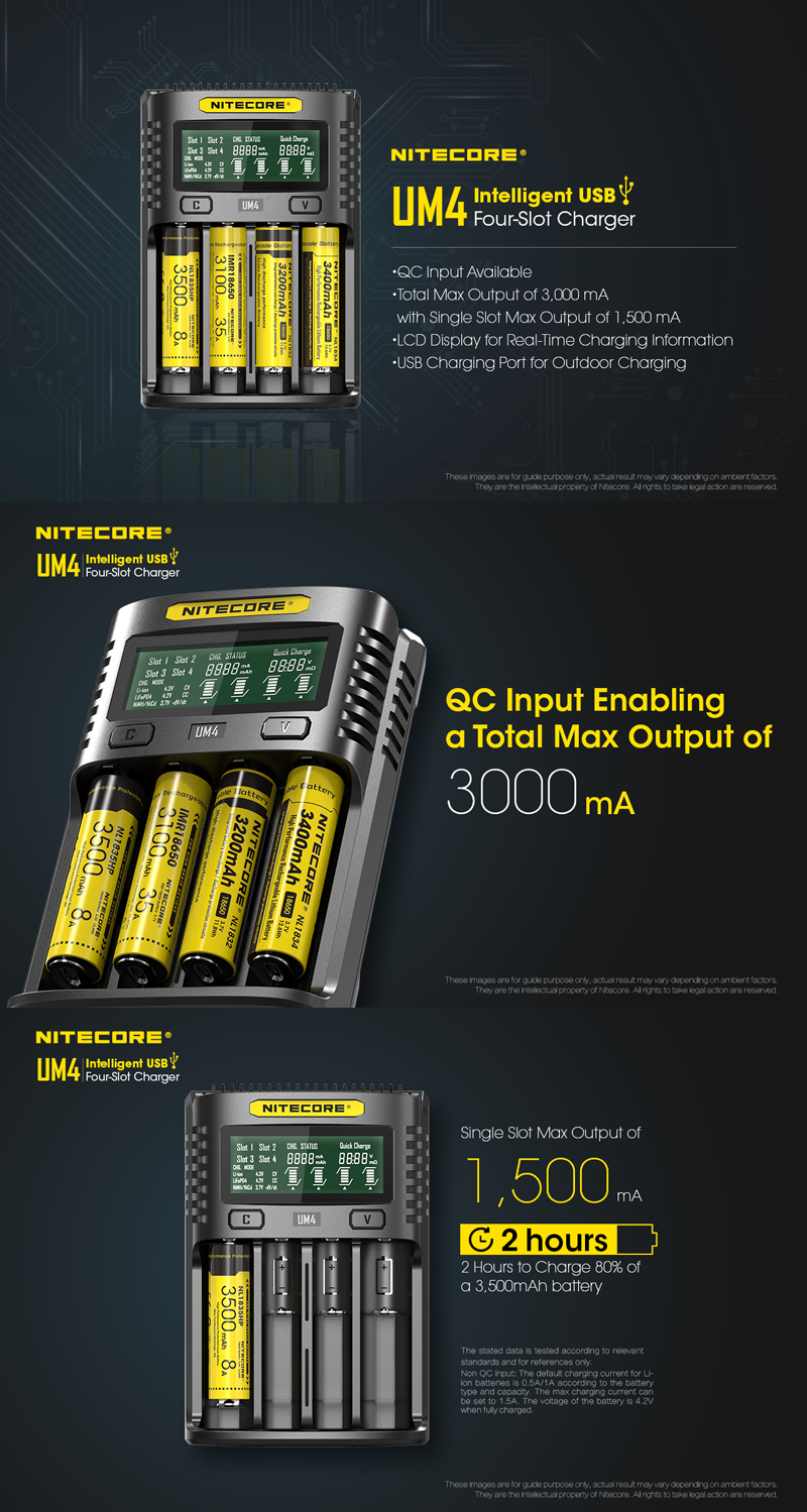 NITECORE UM2/UM4 LCD Display 5V/2A Lithium Battery Charger USB QC Smart Rapid Charger For AA AAA 18650 21700 26650