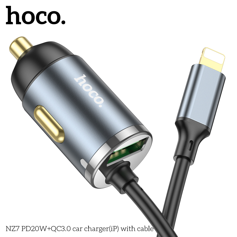 HOCO NZ7 PD 20W QC 3.0 18W Dual Output Fast Charging Car Charger with 1.2m iP Cable For iPhone 11 12 13 14 14 Plus 14 Pro Max For Samsung Galaxy S22 S22 Ultra Galaxy Z Flip 4 For Xiaomi Mi 12T Redmi Note 12 Huawei P50