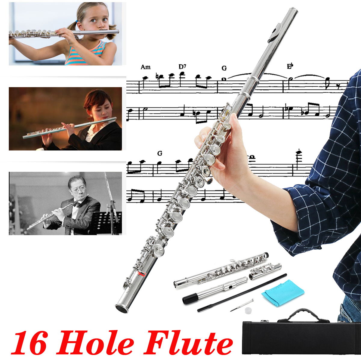 16 Holes C Key Colored Flute Nickel Plated Silver Tube Woodwind Instrument with Box 9