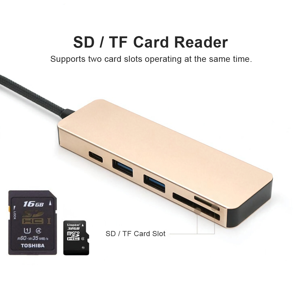 5-in-1 Type-C to 2-Port USB 3.0 Type-C PD Charge Hub SD TF Card Reader Support OTG Function 92