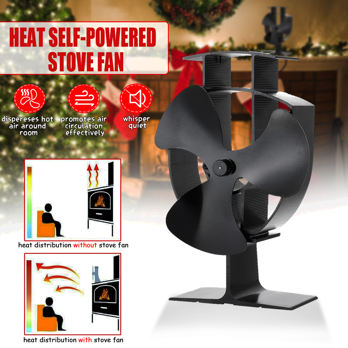 Wood Stove Fan Heat Powered Self Fireplace 3 Blade Ecofan Silent Air Circulator 