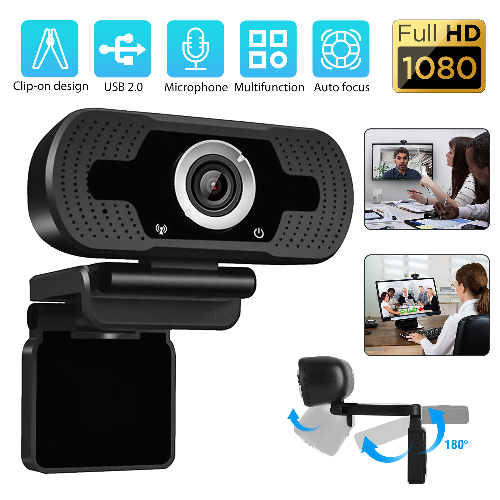U4-N HD 1080P 110° Wide Angle Auto focus USB Webcam Conference Live Computer Camera Built-in Noise Reduction Microphone for PC Laptop
