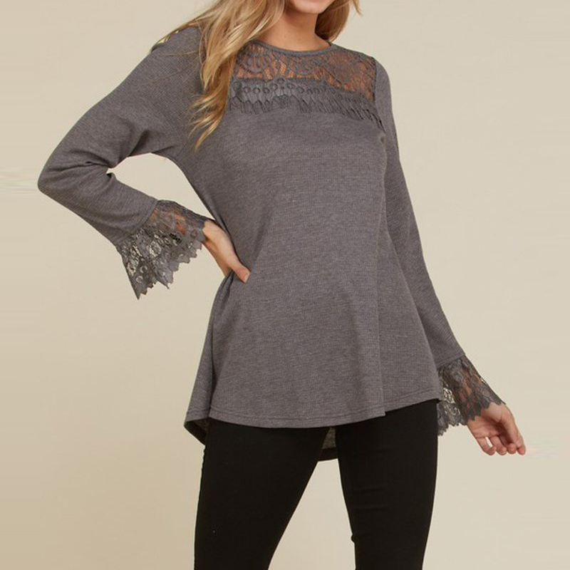 Women Long Sleeve Lace Patchwork Casual T-shirts