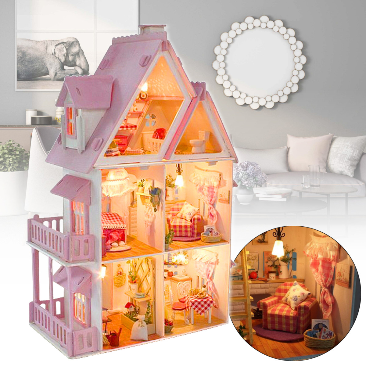 Large Wooden Kids Doll House Barbie Kit Girls Play Dollhouse Mansion Furniture 