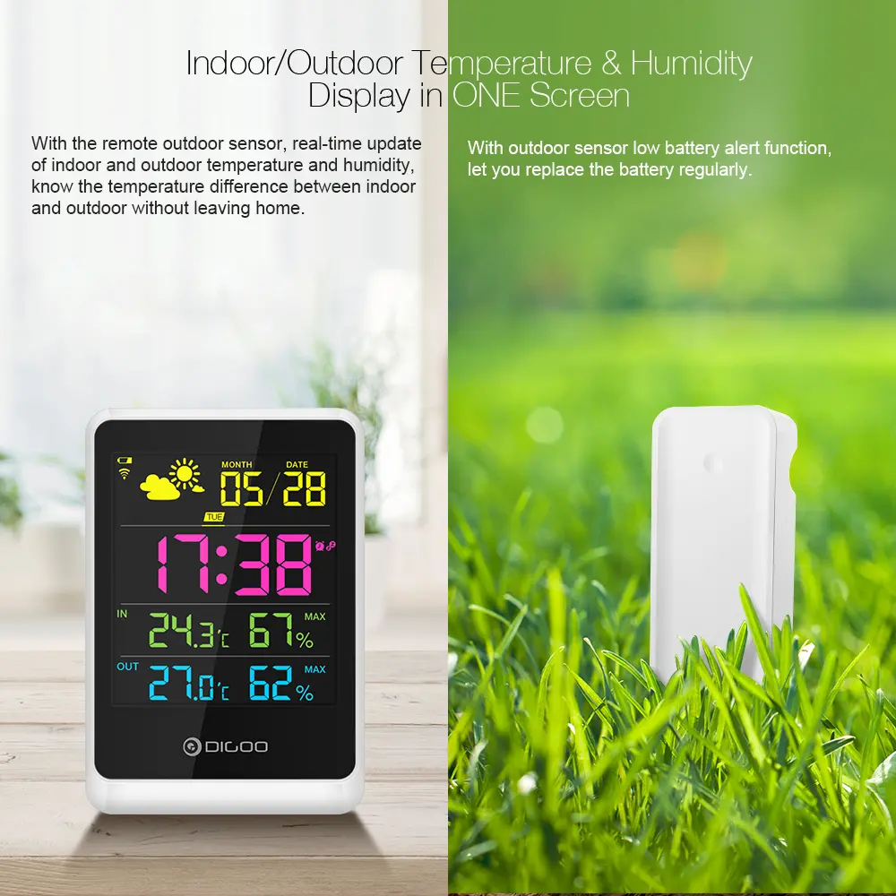 DIGOO DG-TH11200 HD Colorful Mini Weather Station Outdoor Indoor Thermometer Hygrometer Temperature Humidity Sensor Clock with Snooze Function Calendar