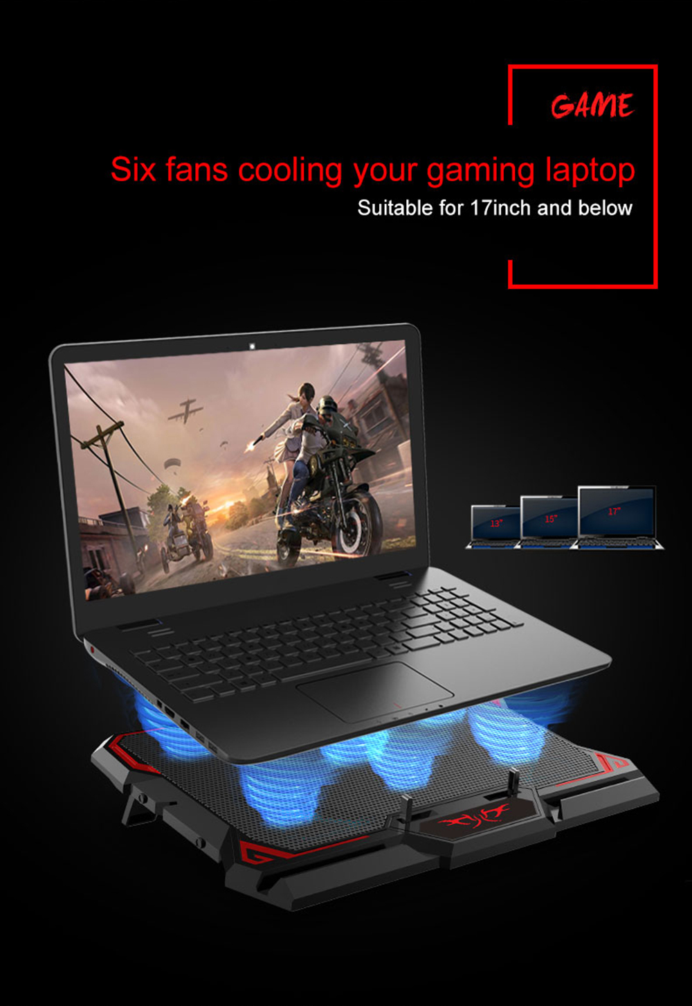 COOLCOLD 17inch Laptop Cooler Cooling Pad Six Fan LED Screen Two USB Port 2600RPM Notebook Tablet Stand