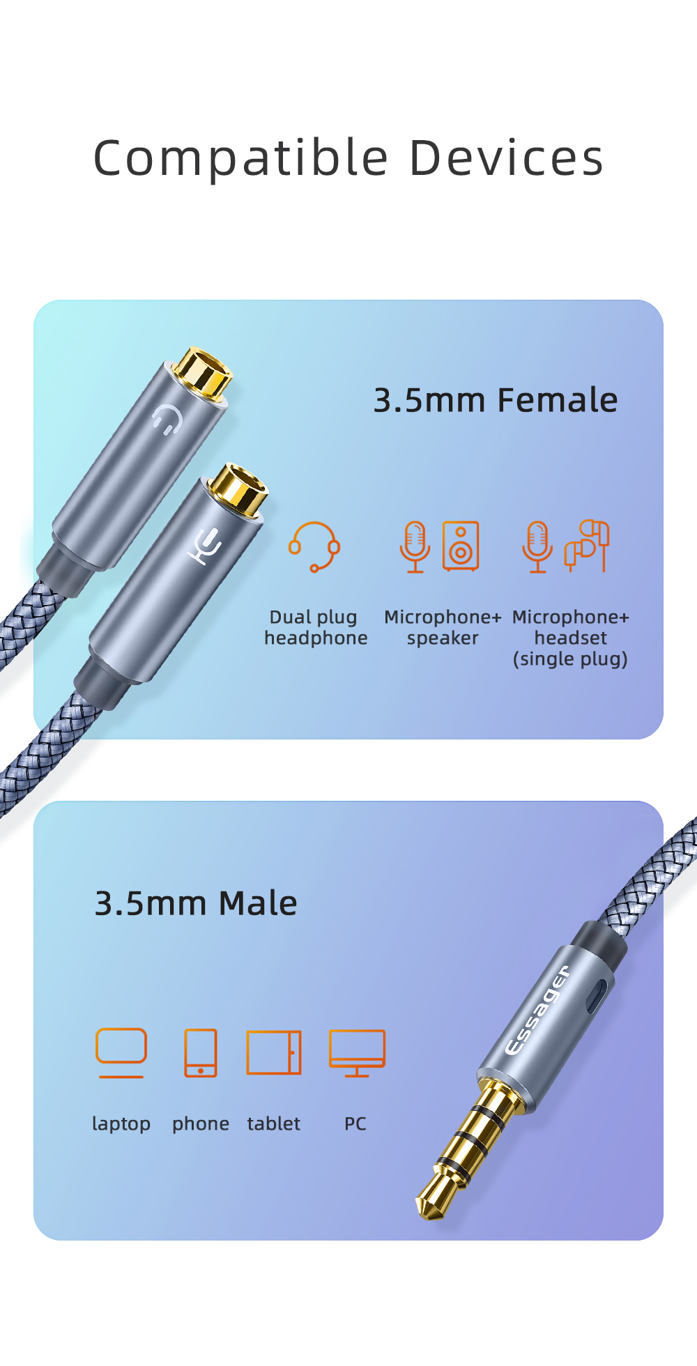 Essager 3.5mm AUX Male to Dual Female Audio Cable Headset Extension Aux Cord for Samsung Galaxy Note S20 ultra Huawei Mate 40 OnePlus 8 Pro
