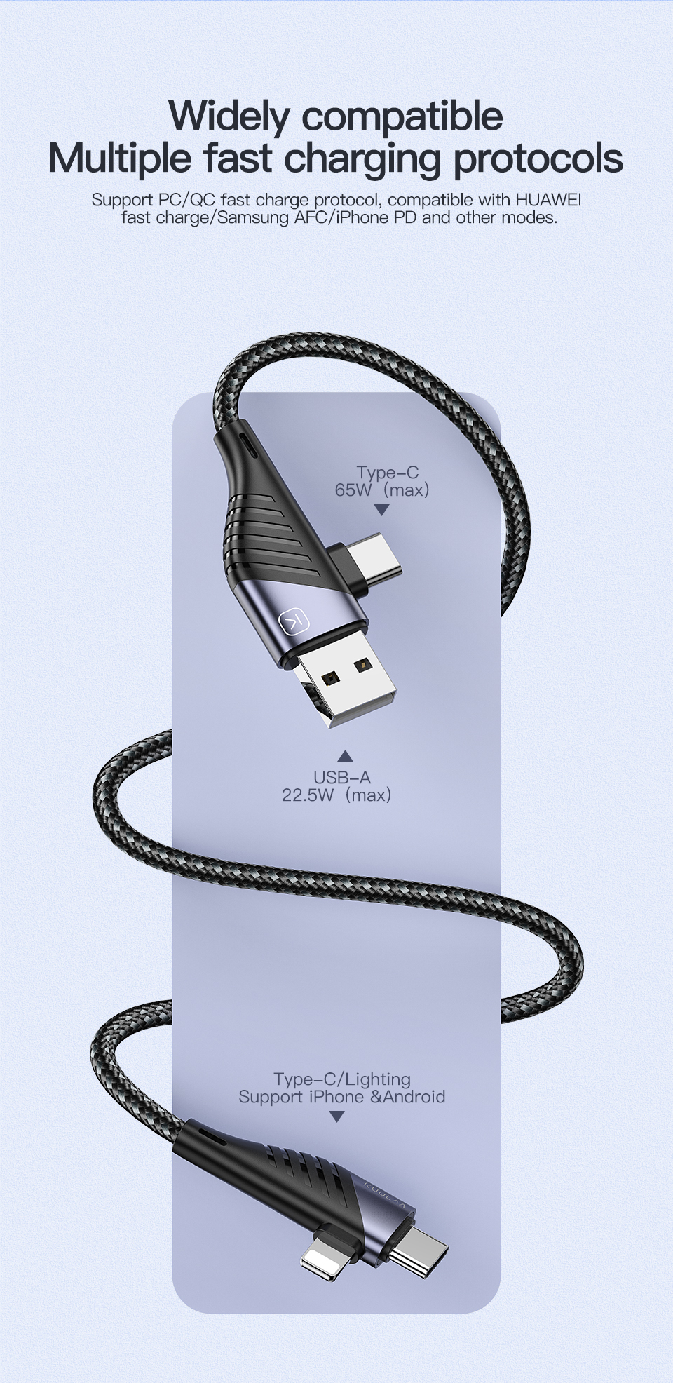 KUULAA PD 65W 4 In 1 Zinc Alloy QC3.0 Usb 22.5W Data Cable Fast Charging Cable For iPhone OPPO HUAWEI XIAOMI ONEPLUS