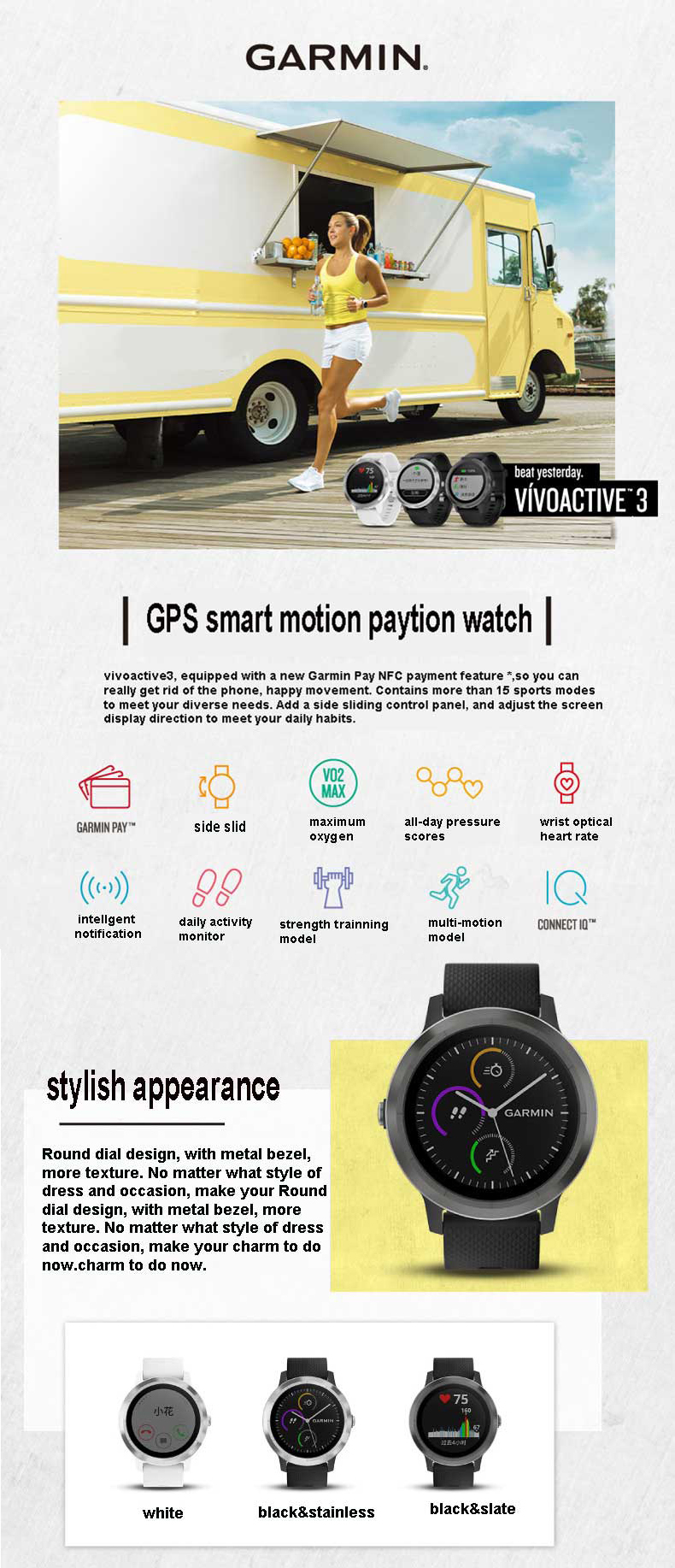 Garmin Vivoactive3 1.2Inch Touch Screen GPS+GLONASS Muti-sport Modes NFC Heart Rate Smart Watch 40