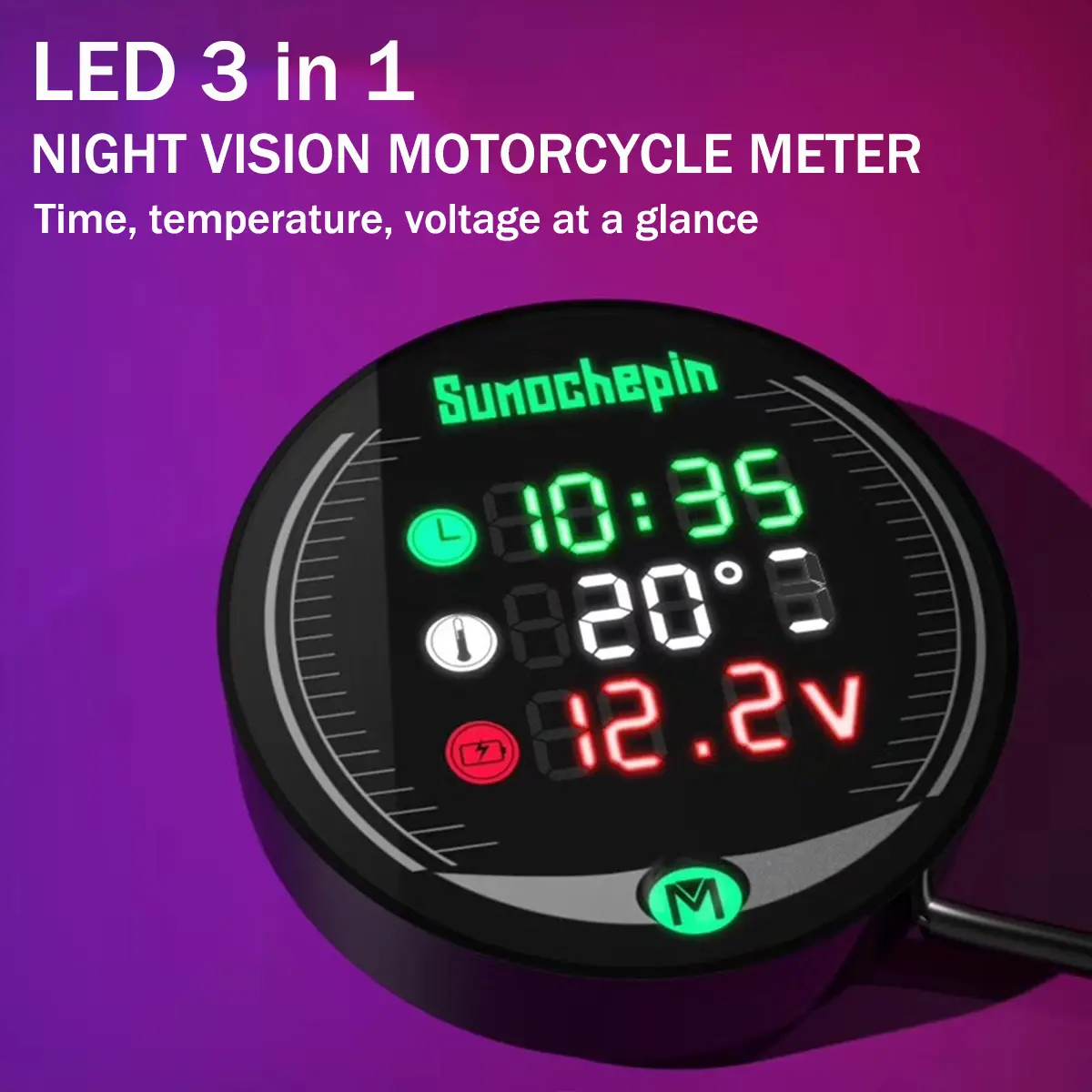 9V 12V-24V 3 IN 1 LED Time Temperature Voltage Motorcycle Car