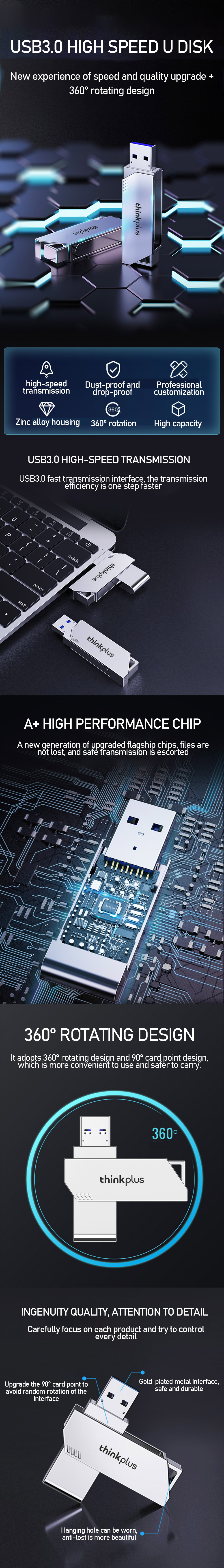 Lenovo ThinkPlus TPU301plus USB3.0 Flash Drive 360° Rotation Waterproof Anti-drop A+ Chip Zinc Alloy Fast Speed  Portable Memory U Disk
