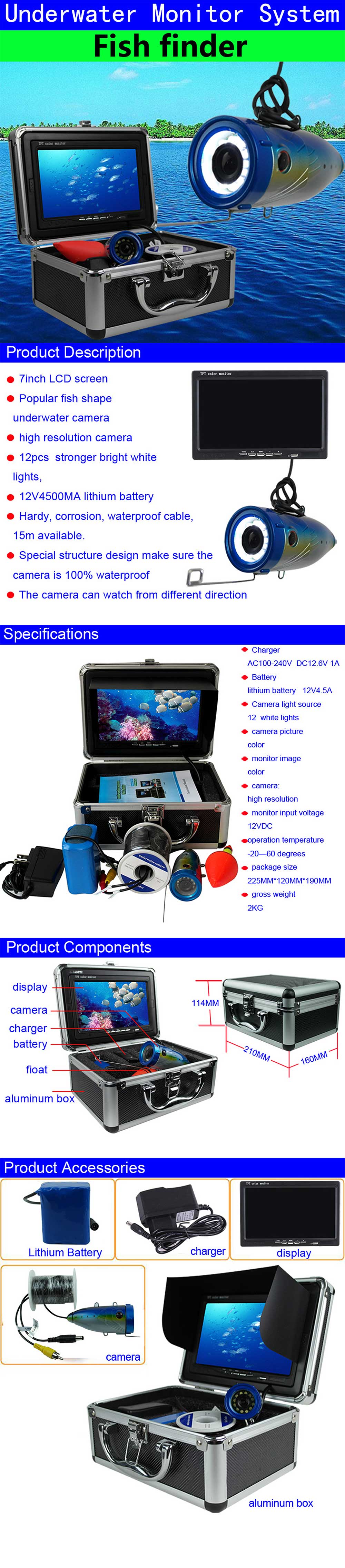 7inch 1000TVL Underwater Fishing Camera 4500mA Battery LCD Screen 12PCS Bright White Lights Fishing Finder Monitor