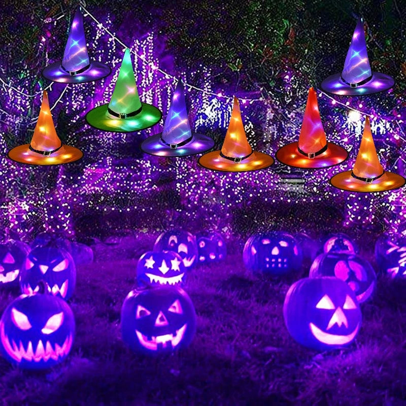 Halloween LED Costume Props Witch Hats LED Lights Cap for Halloween Outdoor Tree Hanging Ornament Home Glow Party Decor