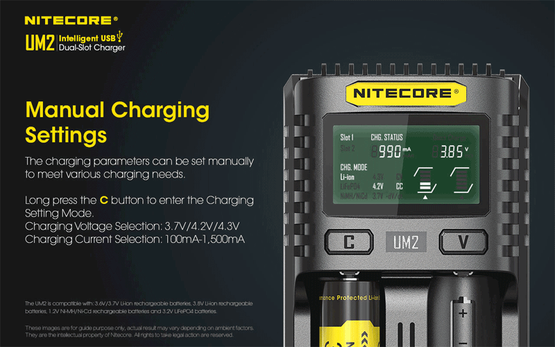NITECORE UM2/UM4 LCD Display 5V/2A Lithium Battery Charger USB QC Smart Rapid Charger For AA AAA 18650 21700 26650