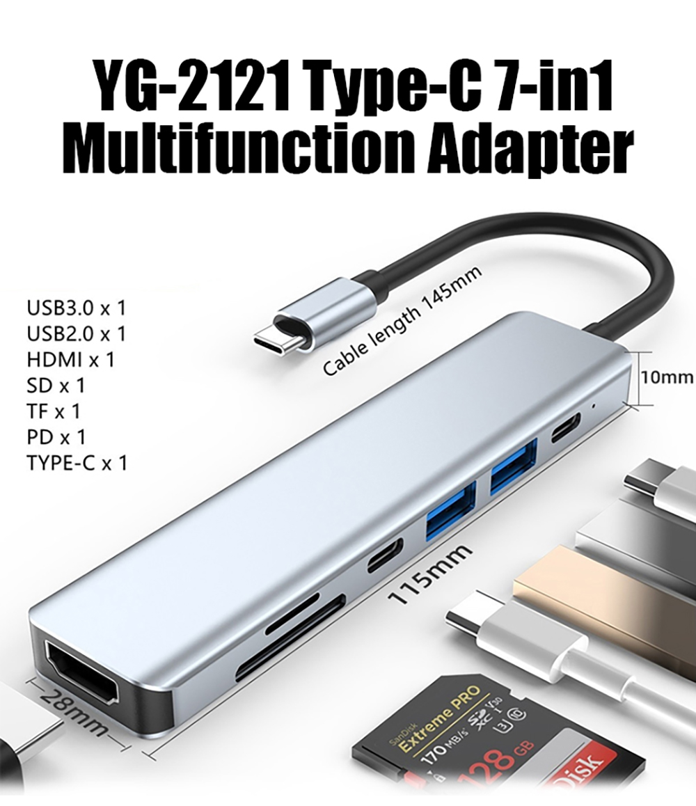 Bakeey 7 in 1 Type-C Docking Station USB-C Hub Adapter Splitter with USB3.0 USB2.0 USB-C PD 87W 4K HDMI-Compatible SD/TF Card Reader Slot for PC Computer Laptop YG-2121
