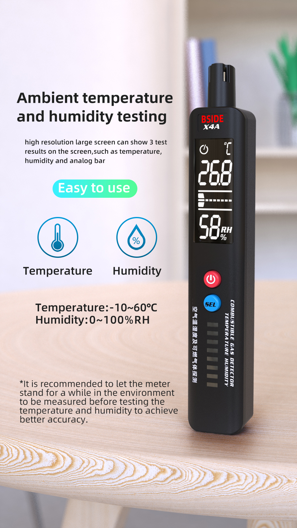 BSIDE X4A Combustible Gas Leak Tester Air Temperature Humidity Tester Portable Natural Gas Sniffer Combustible Gas Propane Methane Butane with 8 LED Indicators