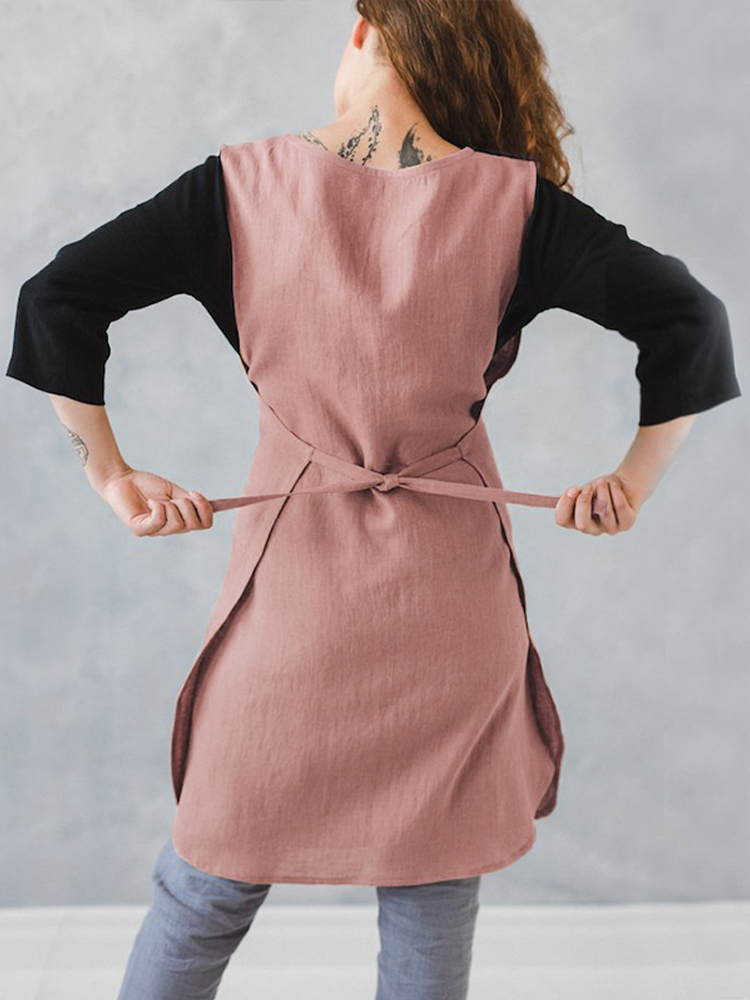 Women Sleeveless Pocket Cotton Solid Color Vintage Apron Dress