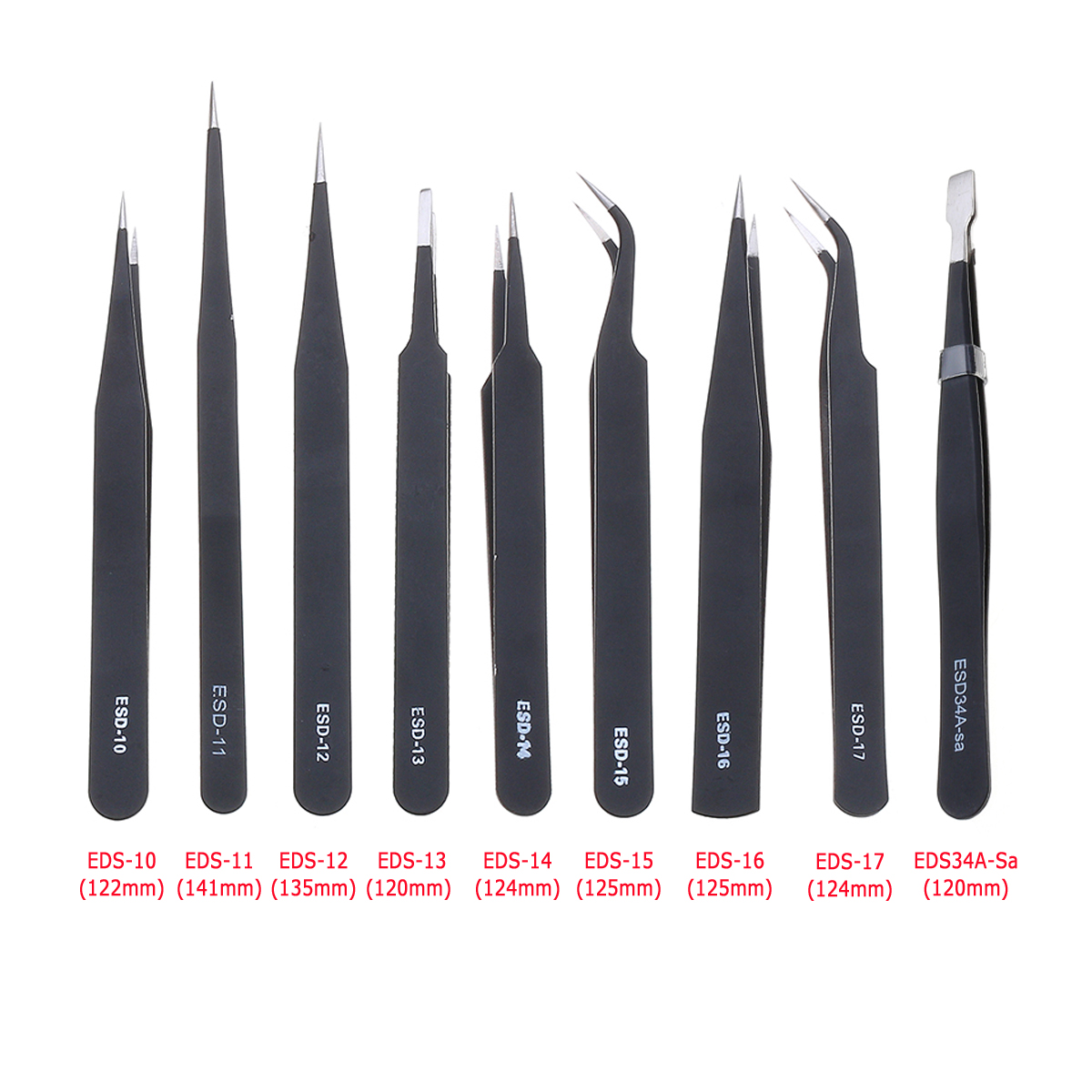 9 Pcs ESD Tweezer Anti-static Stainless Steel Precision Tweezers for Electronics Nail Beauty 35