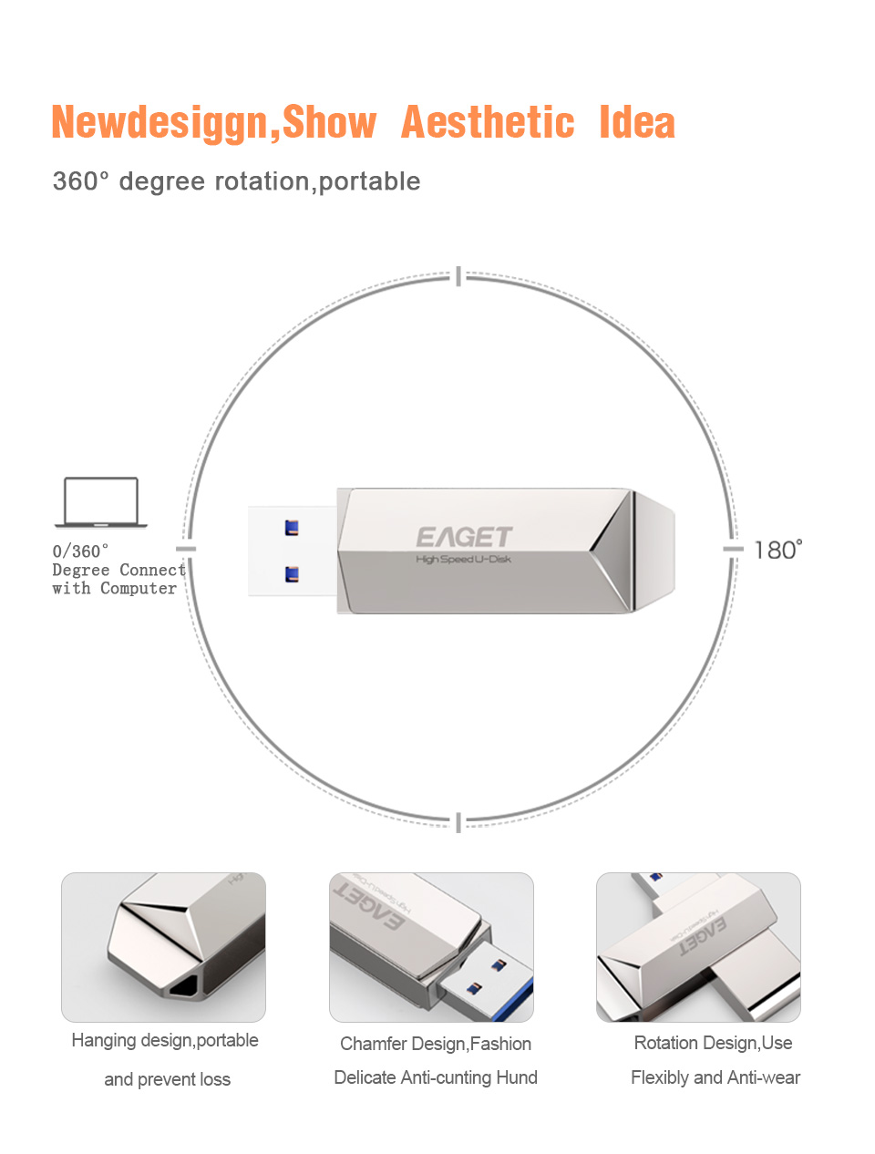 Eaget F70 USB 3.0 128GB Metal USB Flash Drive U Disk Pen Drive 360 Degree Rotation 33