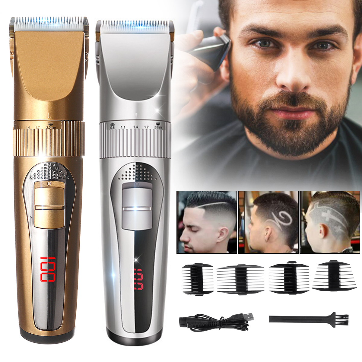 Men's Electric Digital display Hair Clipper USB Charging Hair Shaver W/ 4 Limit Combs