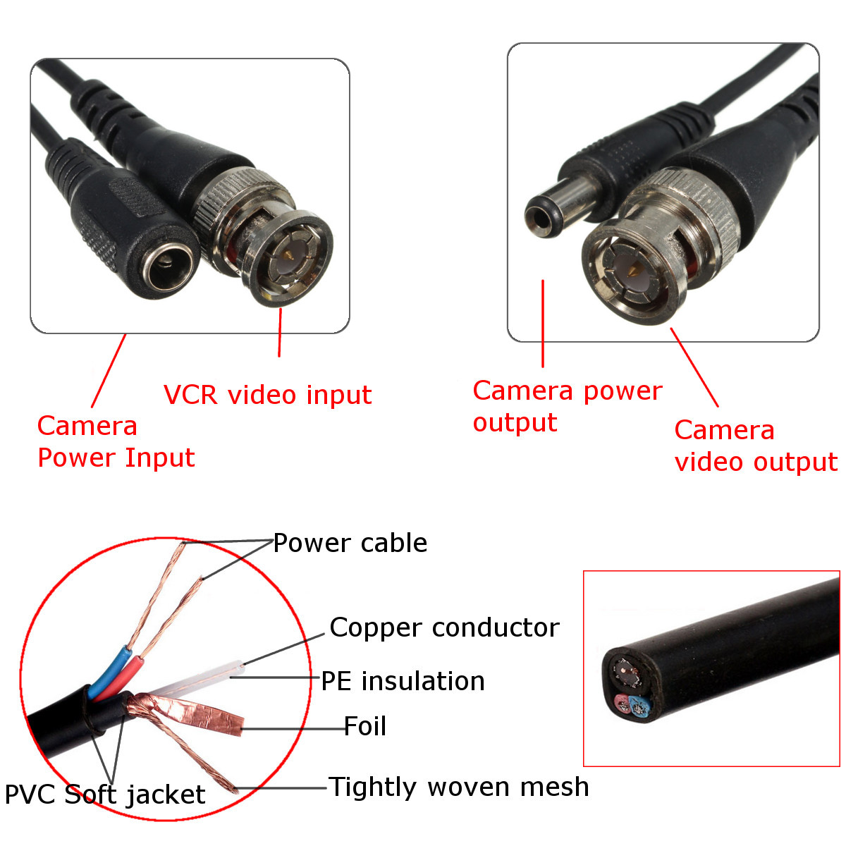 65Ft 20M Security Camera Cable Video Power Extension Wire CCTV DVR BNC RCA Cord