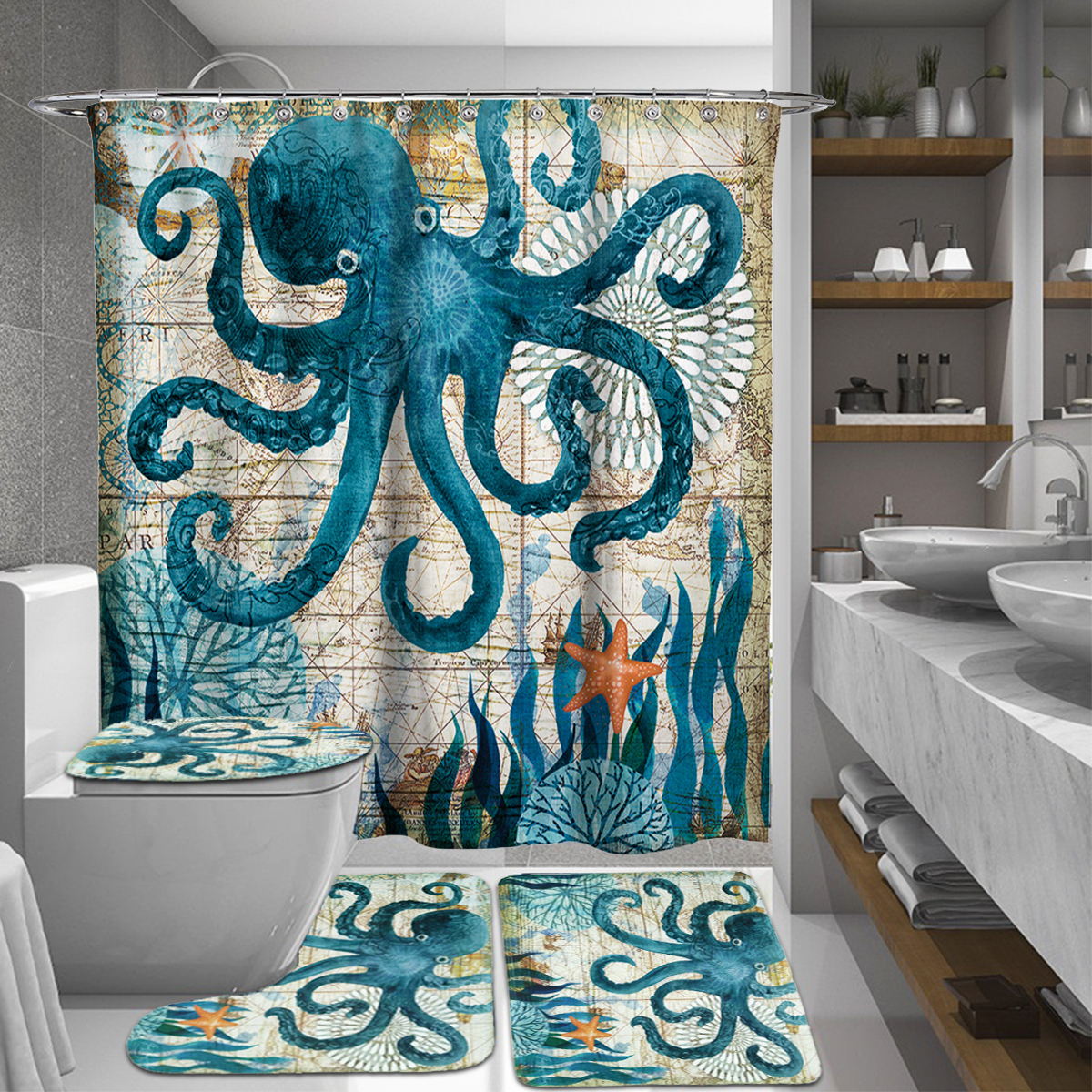 165 180cm Octopus Waterproof Bathroom, C Shaped Shower Curtain Hooks