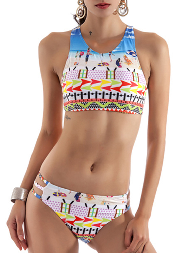 

Сексуальные женщины цвета смешивания высокого шеи Бикини наборы отпечатанных Wireless Stretchy Beachwear