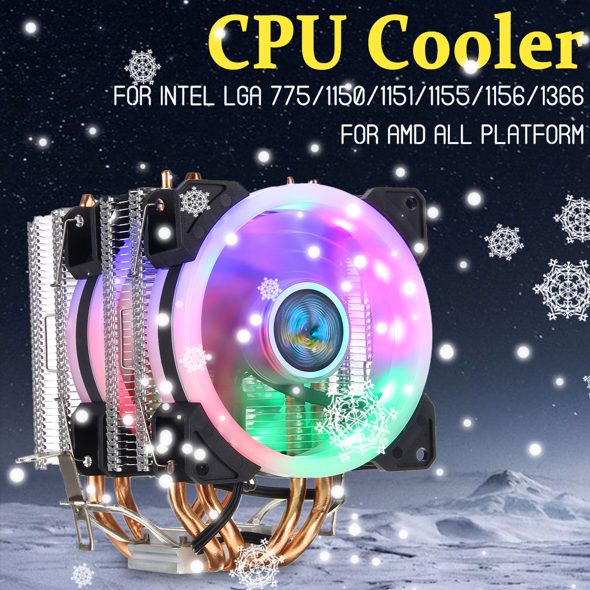 Aurora Colorful Backlit 3 Pin 2 Fans 4 Copper Tube Dual Tower CPU Cooling Fan Cooler Heatsink for Intel AMD 7