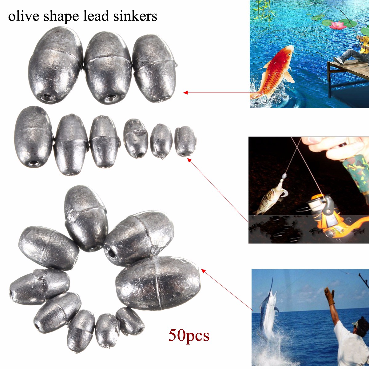 100 Pcs Olive-Shape Weight Lead Sinkers Pure Lead Making Fishing Sinker Tackle 