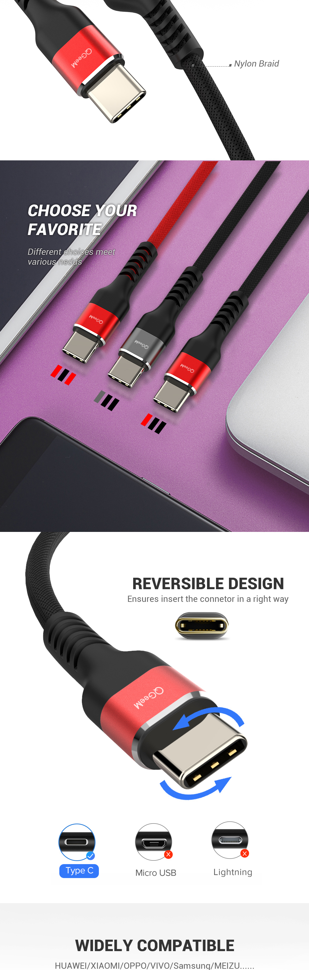 QGEEM USB Type C Data Cable USB-C Mobile Phone Fast Charging Wire Cord For Huawei P30 P40 Pro Mi10 Note 9S S20+ Note 20