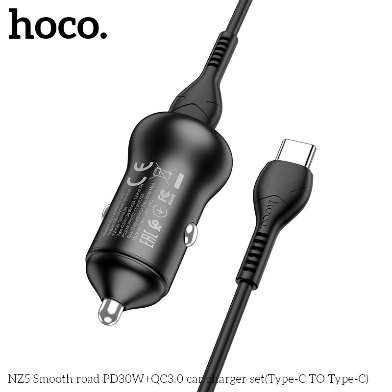 HOCO NZ5 PD 30W QC 3.0 Dual Port USB + Type-C Fast Charging Car Charger Adapter with 1M Type-C to Type-C Cable For iPhone 11 12 13 14 14 Plus 14 Pro Max For Samsung Galaxy S22 S22 Ultra Galaxy Z Flip 4 For Xiaomi Mi 12T Redmi Note 12 Huawei P50