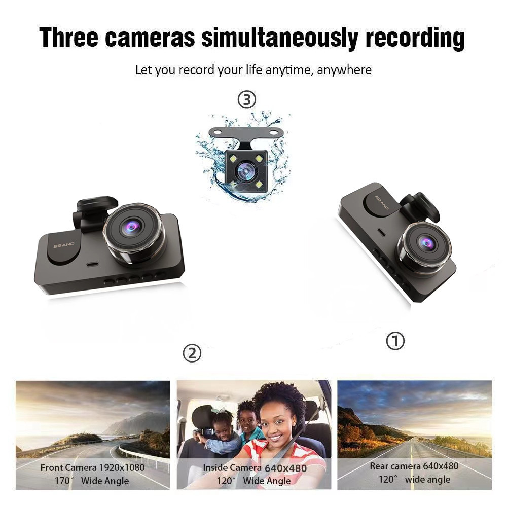 Y15 Three Lens Car DVR Camera HD 1080P Dash Cam Night Vision Picture in Picture 140° Wide Angle 24H Parking Monitor