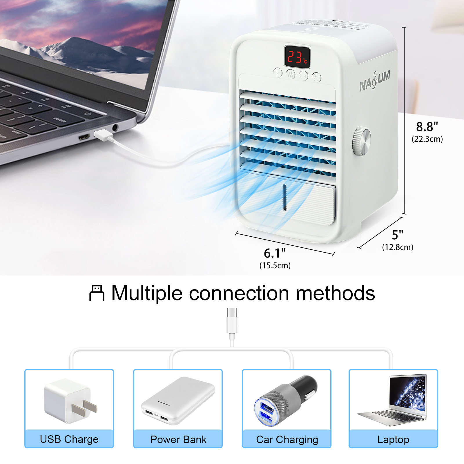 5-in-1 Mini Air Cooler 3 Wind Speed Adjustment 120° Wide Angle Rotation Air Humidification Condition Fan