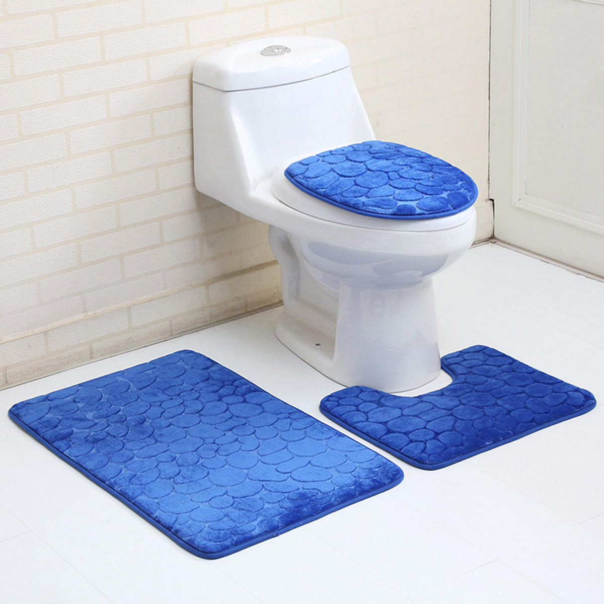 3PCS Toilet Seat Covers Bathroom Carpet Non-Slip Pedestal Rug + Lid Toilet Cover + Bath Mat Set 
