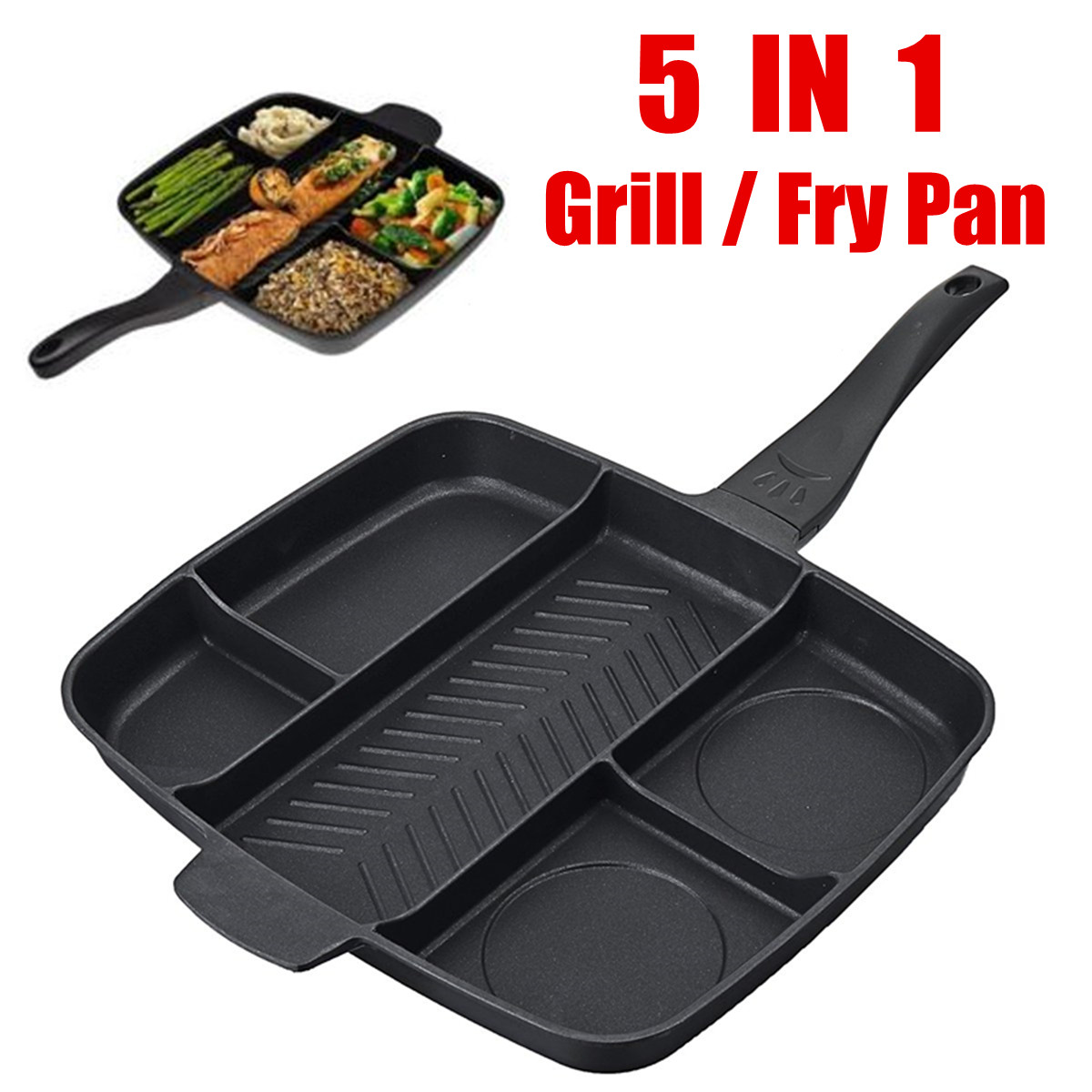 New 5 in 1 Frying Pan Breakfast Multi Section Grill Cooking Kitchen Egg Sausage 