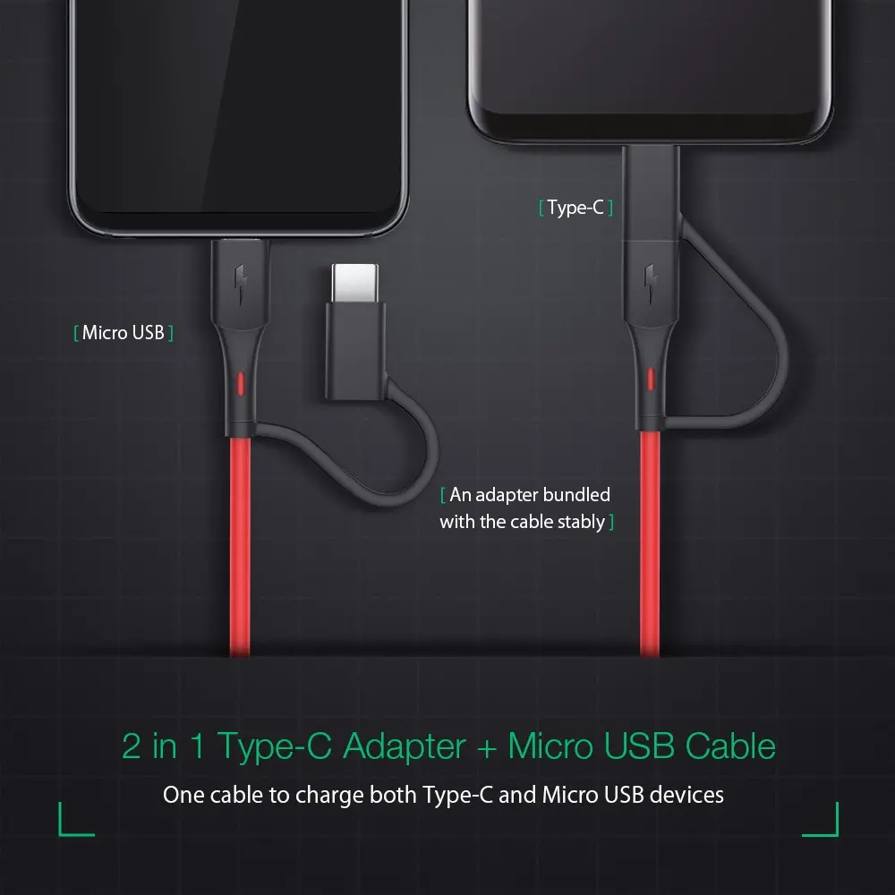 [3 Pack] BlitzWolf® BW-MT3 3ft 3A 2 in 1 Type C Micro USB Fast Charging Data Cable Adapter For Mi10 Note 9S Oneplus 8Pro