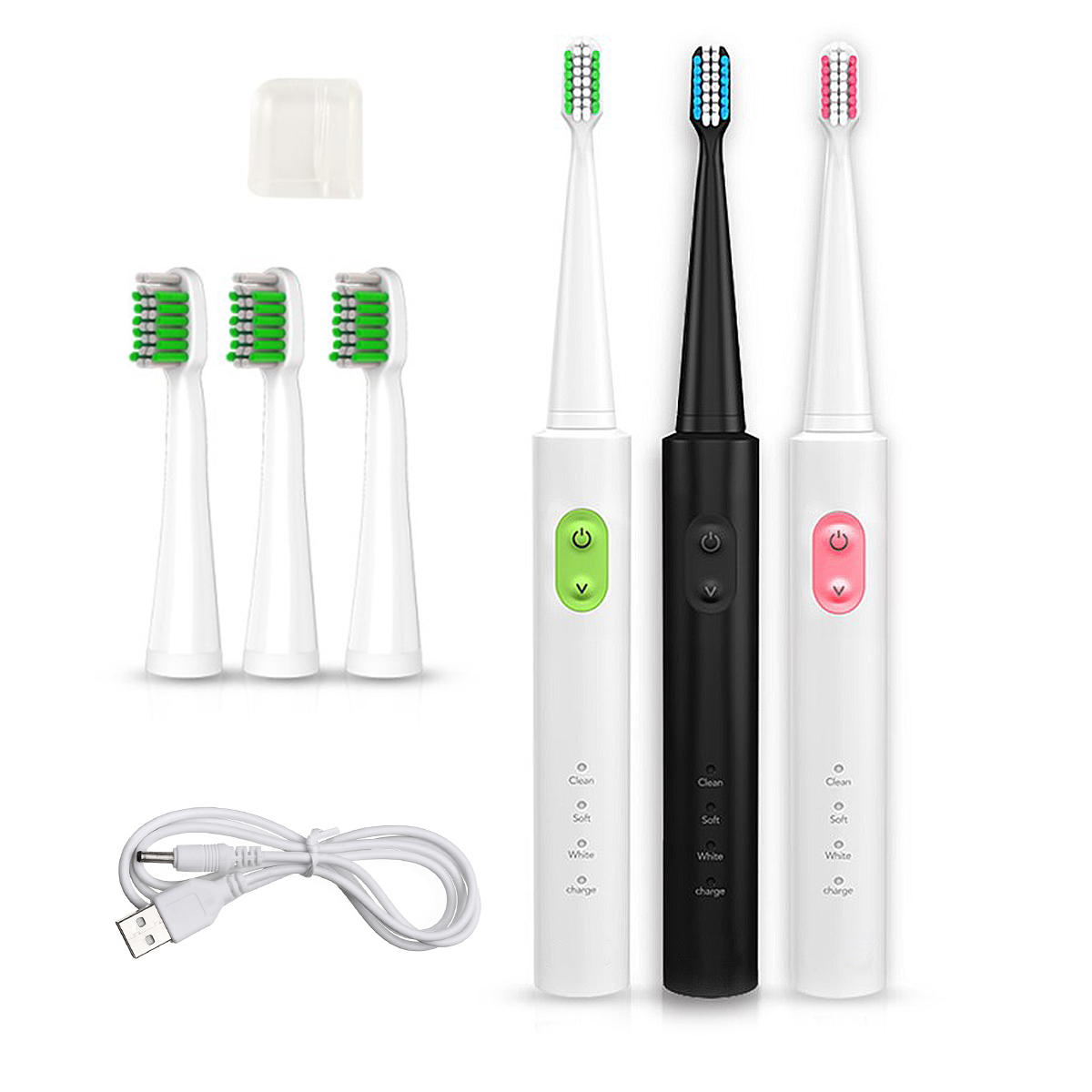 Travel Rechargeable Ultrasonic Electric Toothbrush Waterproof 3 Cleaning Mode Teeth Clean+ 4 Heads