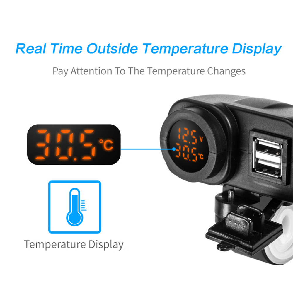 12V Dual USB Charger w/ Digital Voltmeter Real-time Outside Temperature Display 
