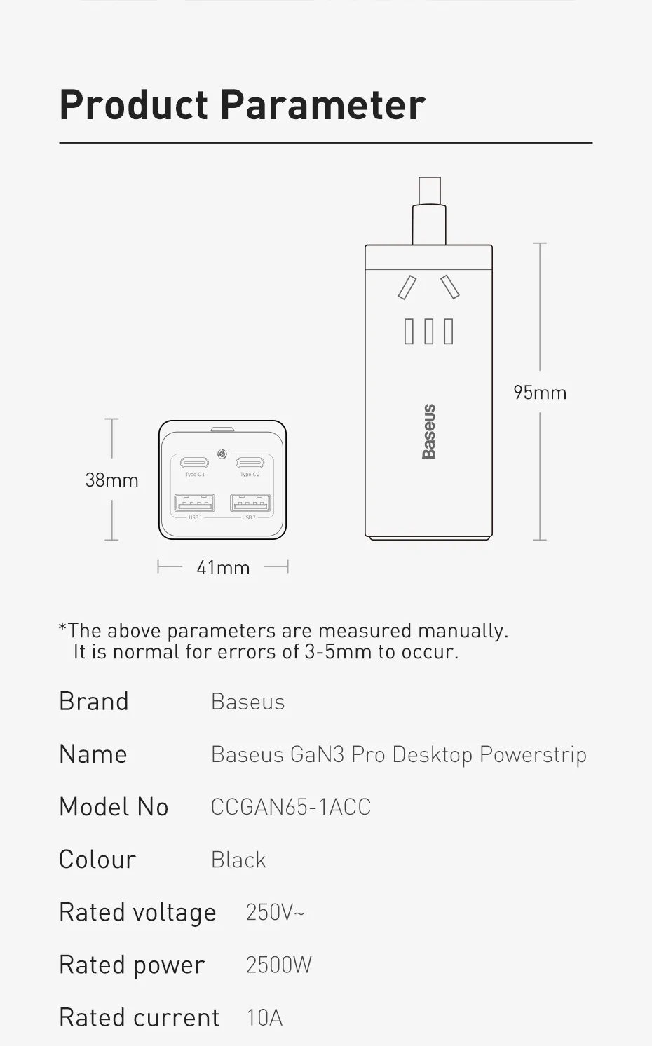 [GaN Tech] Baseus GaN3 Pro 65W USB-C Charger Desktop Power Strip With 2500W AC Socket Port / 2*USB-C /USB QC3.0 / USB-A Fast Charging Adapter CN/AU Plug
