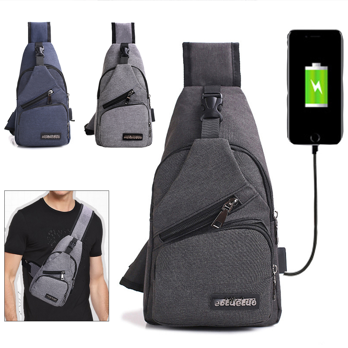 Men USB Charging Shoulder Chest Bag Sling Backpack Waterproof Sports Travel Pouch 15