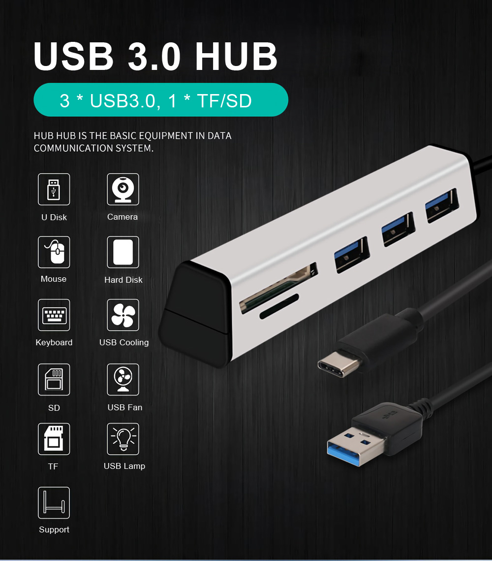 Aluminum Alloy USB 3.0 to 3-Port USB 3.0 Hub TF SD Card Reader with Hidden Phone Support 6